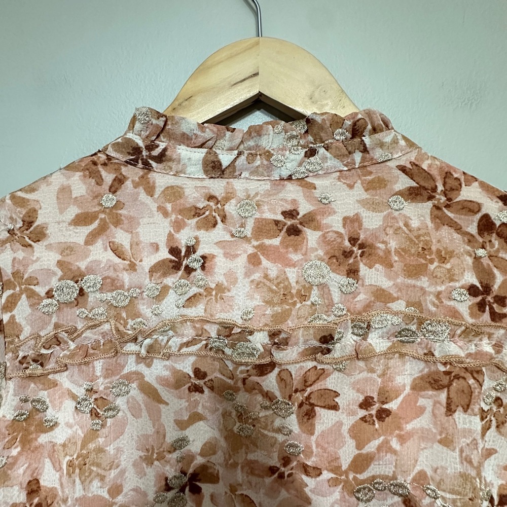 Anthropologie BTFL-life‎ Floral Puff Sleeve Blouse Womens M Cottage Ruffle Sheer - Picture 7 of 13